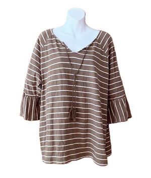 CJ Banks Women’s 1X Olive White Striped Tunic Top Bell Sleeve Tassel 100% Cotton